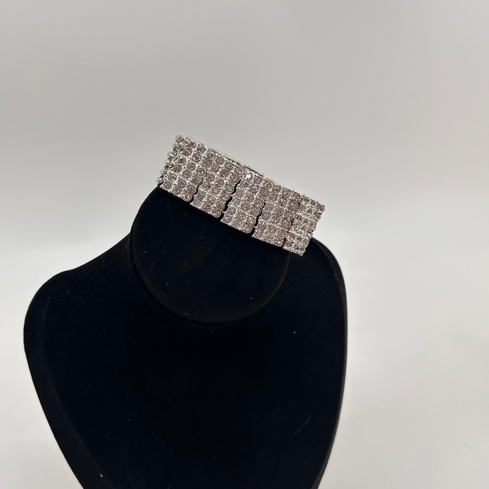 Chunky Rhinestone Stretch‎ Bracelet Silver Tone Statement Bling Wide Cuff